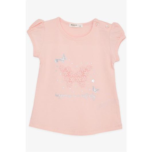Baby Girl T-Shirt Butterfly Printed Embroidered Salmon (9 Months-3 Years)