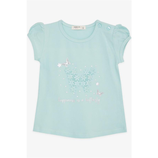 Baby Girl T-Shirt Butterfly Printed Embroidered Water Green (9 Months-3 Years)
