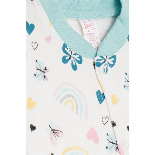Baby Girl Rompers Spring Themed Butterfly Patterned Ecru (0-3 Months-6 Months)