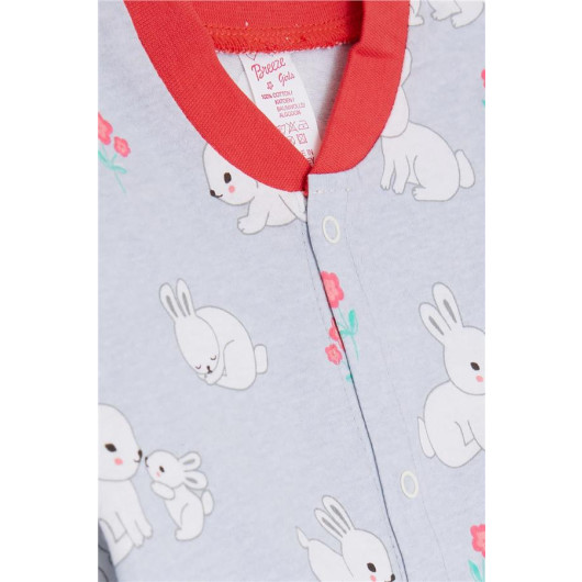 Baby Girl Rompers Spring Themed Bunny Patterned Ice Blue (0-6 Months)