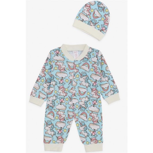 Baby Girl Rompers Unicorn Patterned Sky Themed Light Blue (0-3 Months-6 Months)