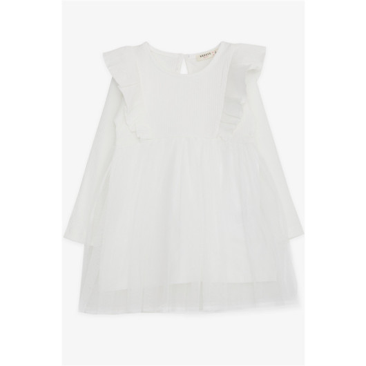 Baby Girl Long Sleeve Dress With Frill Shoulder Tulle White (9 Months-2 Years)