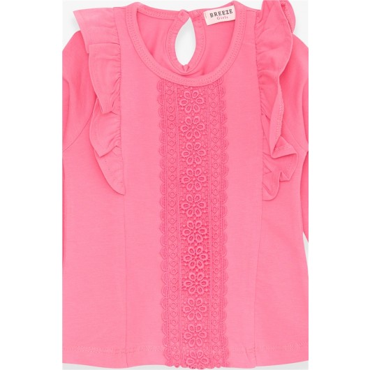 Baby Girl Long Sleeve T-Shirt With Guipure And Frilly Coral (6 Months-2 Years)
