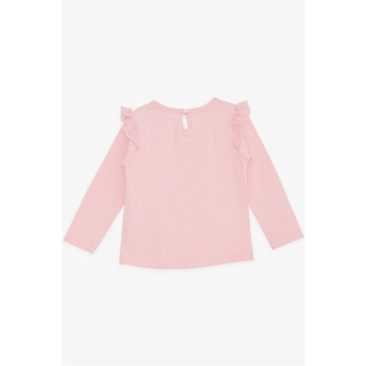 Baby Girl Long Sleeve T-Shirt Cheerful Kitten Printed Embroidery Laced Pink (9 Months-3 Years)