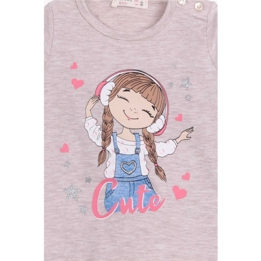 Baby Girl Long Sleeve T-Shirt Cute Girl Printed Beige Melange (1 Age)