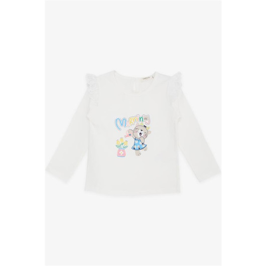 Baby Girl Long Sleeve T-Shirt Cheerful Kitten Printed Embroidery Laced Ecru (9 Months-3 Years)