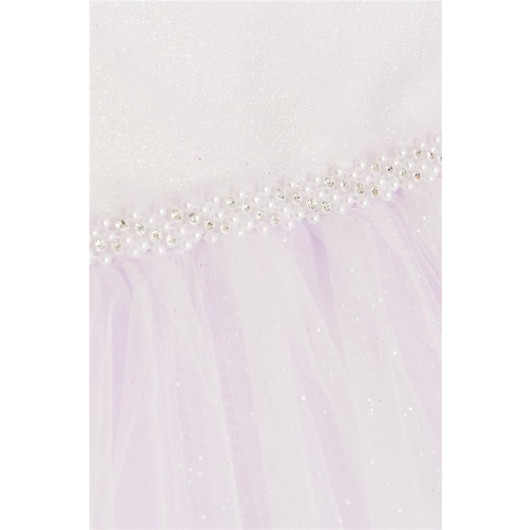 Girl's Evening Dress Tulle Glittery Pearls Lilac (2-6 Years)