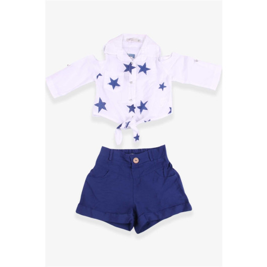 Girl's Blue Star Patterned Shorts Set Ecru (1-4 Ages)