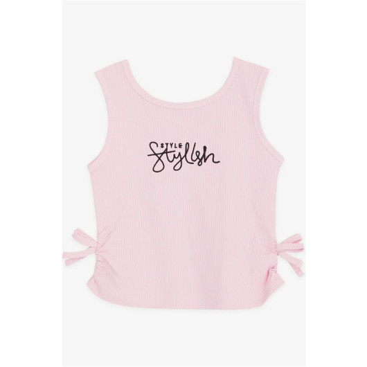 (8-14 Years) Girl's Strap T-Shirt Pink With Text Embroidered Side Bows