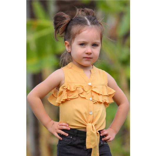 قميص بناتي مكشكش لون أصفر خردلي (5-16 سنة)