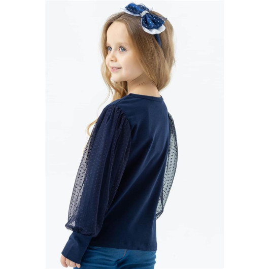 Girl's Blouse Sleeves Navy Blue With Tulle Detail (Ages 3-7)