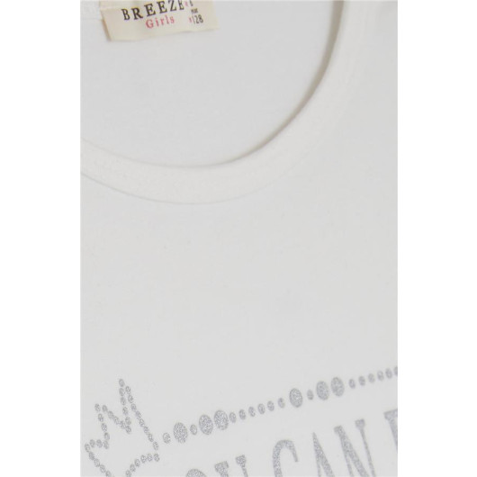 Girl's Blouse Letter Printed Sleeves Tulle Detailed White (5-10 Years)