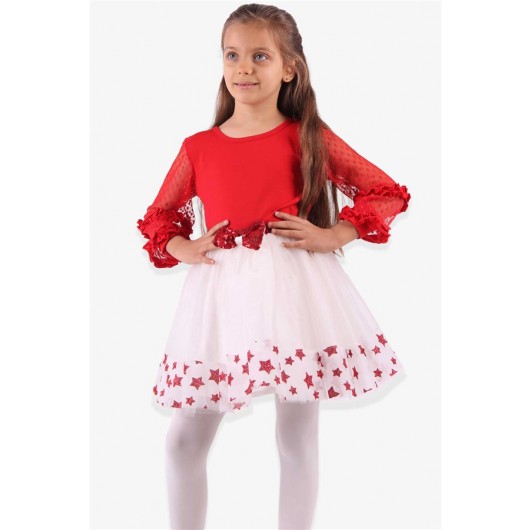 Girls' Blouse With Tulle Sleeves And Bow, Red (6-14 Years)