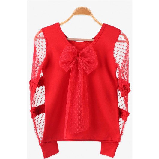 Girls' Blouse With Tulle Sleeves And Bow, Red (6-14 Years)