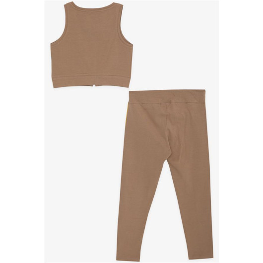 Girl's Crop Tights Set Text Printed Light Brown (10-14 Years)