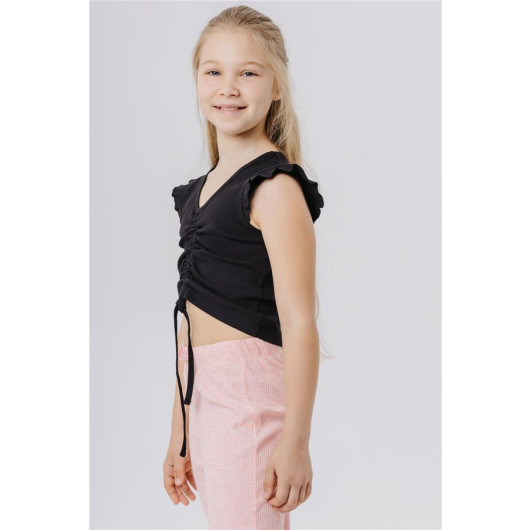 Girl's Crop T-Shirt Lace-Up Frilly Black (8-14 Years)