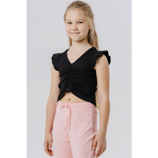 Girl's Crop T-Shirt Lace-Up Frilly Black (8-14 Years)