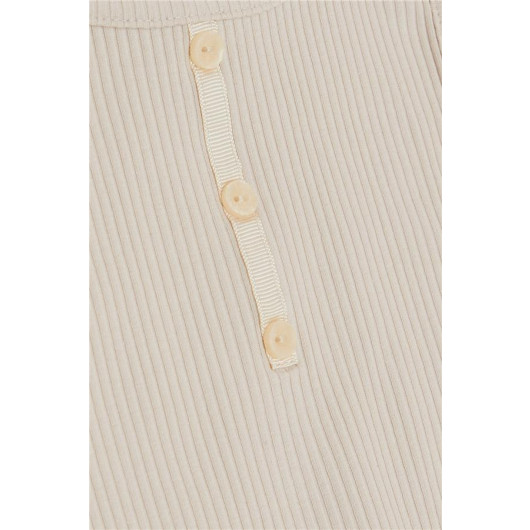 Girl's Crop T-Shirt Button Accessory Beige (9-14 Years)