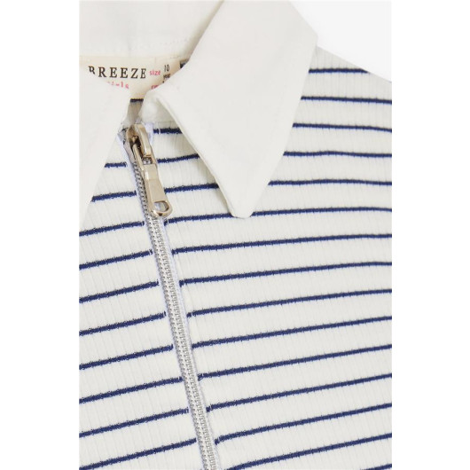 Girl's Crop T-Shirt Zipper Striped White (9-14 Years)