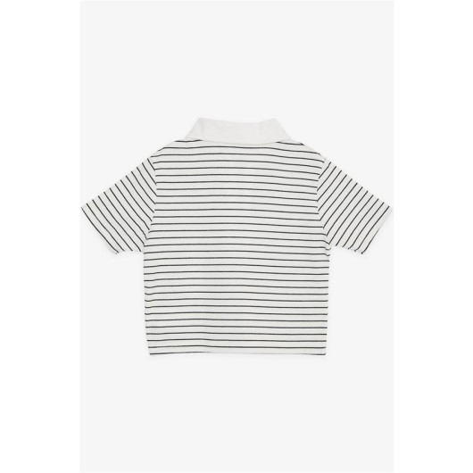 Girl's Crop T-Shirt Zippered Striped Ecru (9-14 Years)