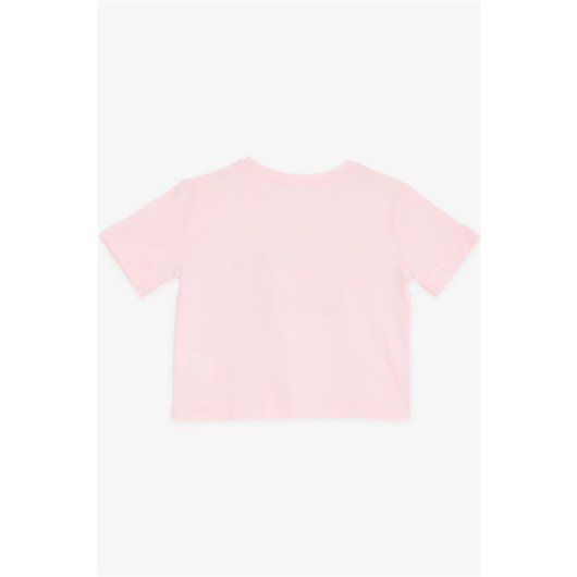 Girl's Crop T-Shirt Sleeves Button Accessory Text Printed Pink (9-16 Years)