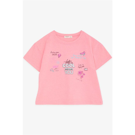 Girl's Crop T-Shirt Happiness Themed Neon Pink (8-14 Years)
