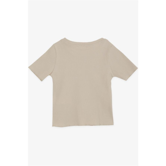 Girl's Crop T-Shirt Embroidered Text Printed Beige (8-14 Years)