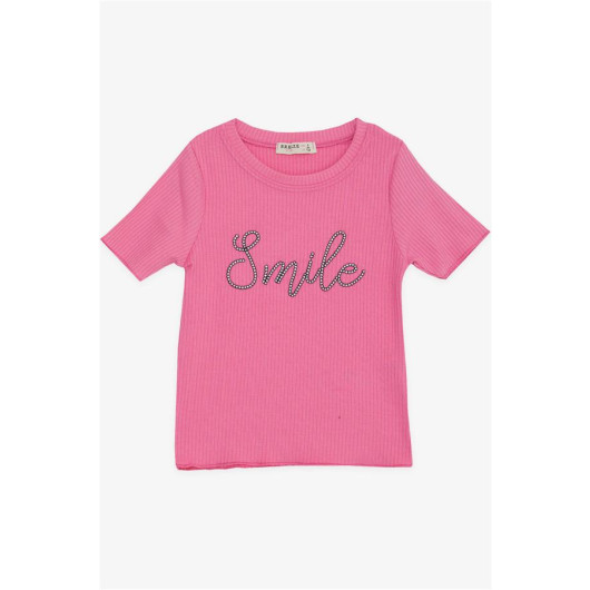 Girl's Crop T-Shirt Embroidered Letter Printed Fuchsia (8-14 Years)