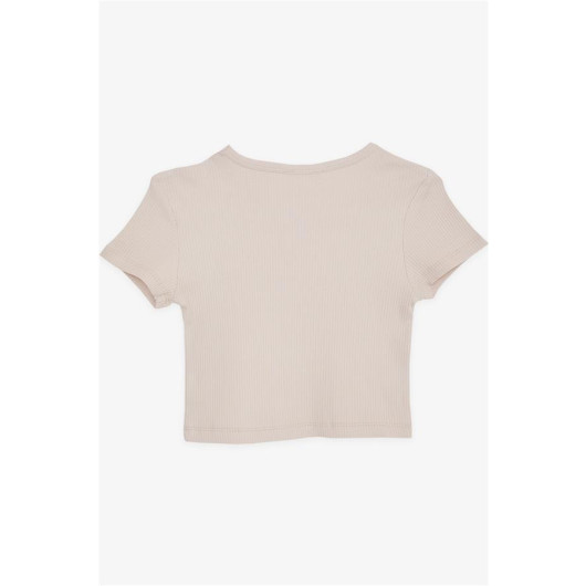 Girl's Crop T-Shirt Off-Shoulder Detailed Ribbed Beige (9-14 Years)