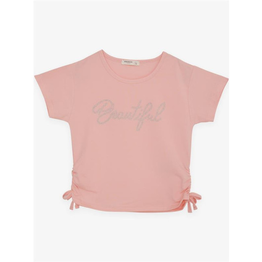 Girl's Crop T-Shirt Stony Text Printed Salmon (8-14 Years) With Pleated Sides And Bow