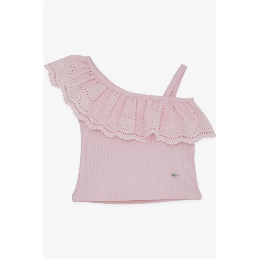 Girl's Crop T-Shirt One-Shoulder Guipure Detailed Pink (2-6 Years)