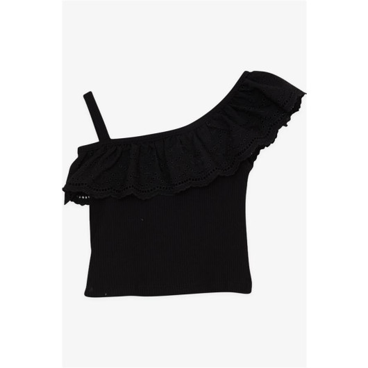 Girl's Crop T-Shirt One-Shoulder Guipure Detailed Black (2-6 Years)