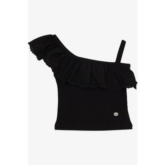 Girl's Crop T-Shirt One-Shoulder Guipure Detailed Black (2-6 Years)