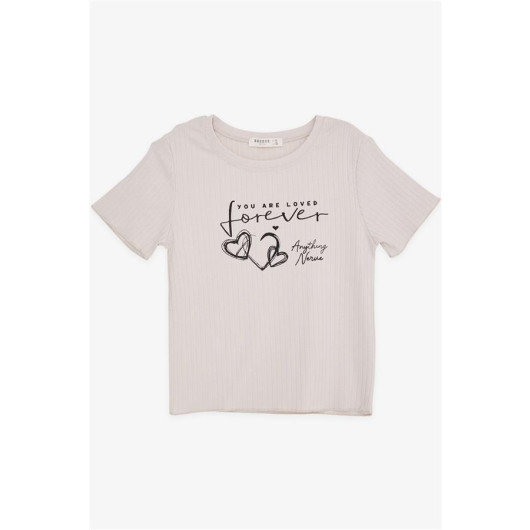 Girl's Crop T-Shirt Letter Printed Love Themed Beige (8-14 Years)