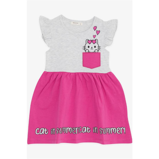 فستان بناتي لامع بجيوب بتصميم قطة لون رمادي ميلانج (1.5-5 سنوات)