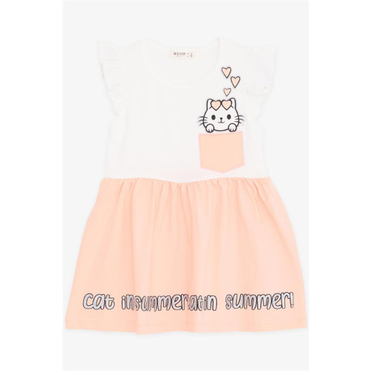 Girl Dress With Pockets Glittery Kitten Printed Ecru (1.5-5 Years)