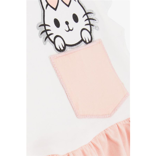 Girl Dress With Pockets Glittery Kitten Printed Ecru (1.5-5 Years)