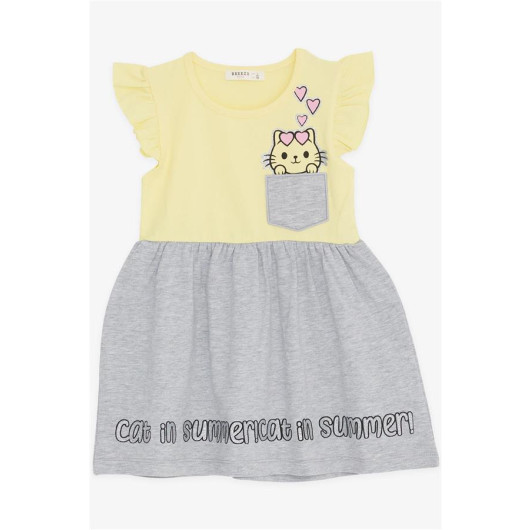 Girl's Dress With Pockets Glittery Kitten Printed Yellow (1.5-5 Years)