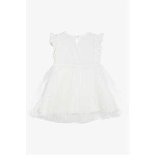 فستان بناتي بفيونكة مطرز بالزهور وتول لون أبيض (3-8 اعمار)