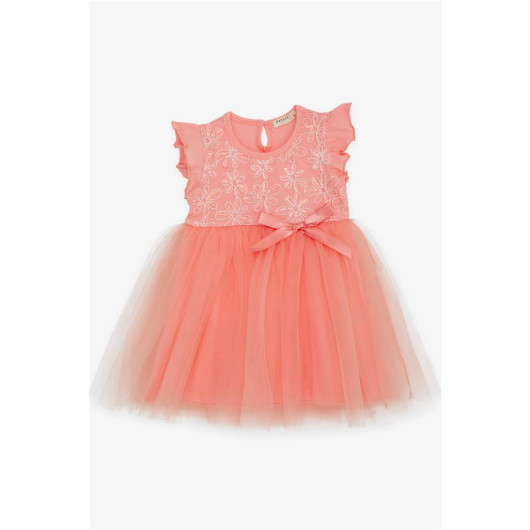 Girl's Dress With Floral Embroidery Bow And Tulle Salmon (3-8 Ages)