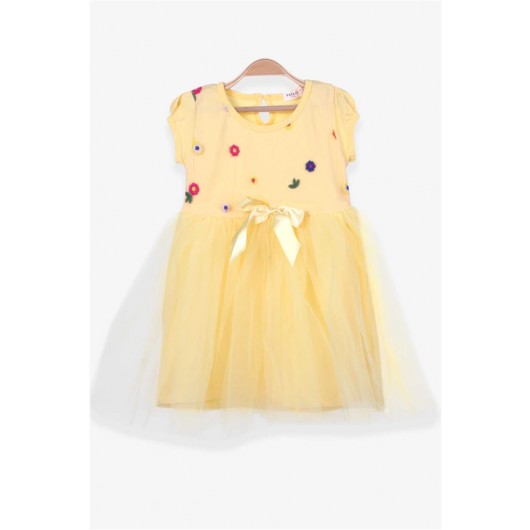 فستان بناتي مطرز بالزهور لون أصفر (4-7 سنوات)