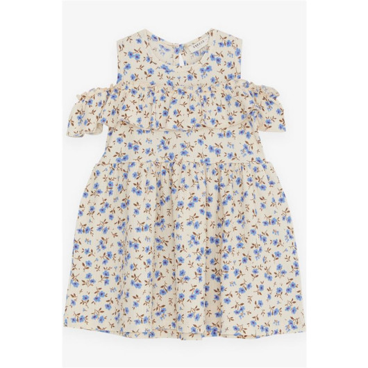 Girl's Dress Floral Ruffled Button Back Beige (3-7 Years)