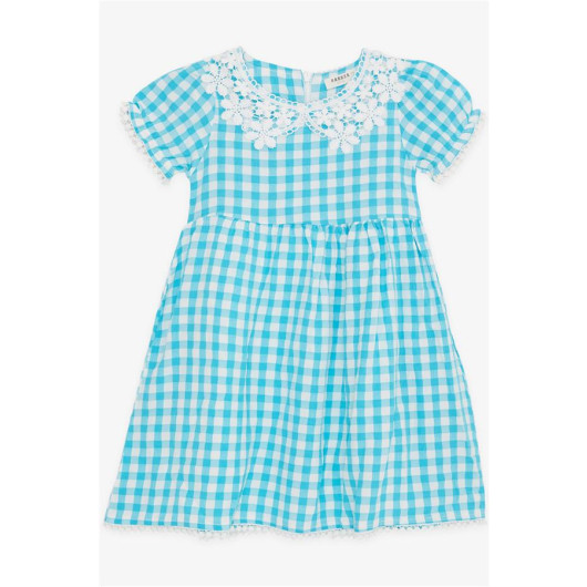 فستان بناتي مزين بالتول بنمط كاروه لون تركواز (2-6 سنوات)