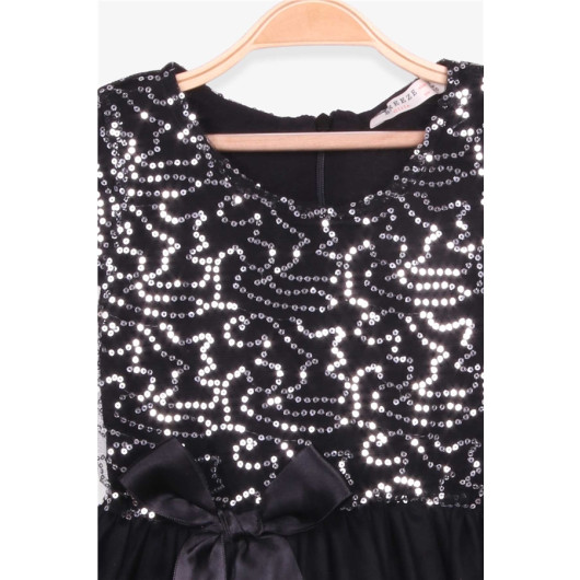 Girls' Black Dress Decorated With Bow, Sequins And Tulle (5-9 Years)