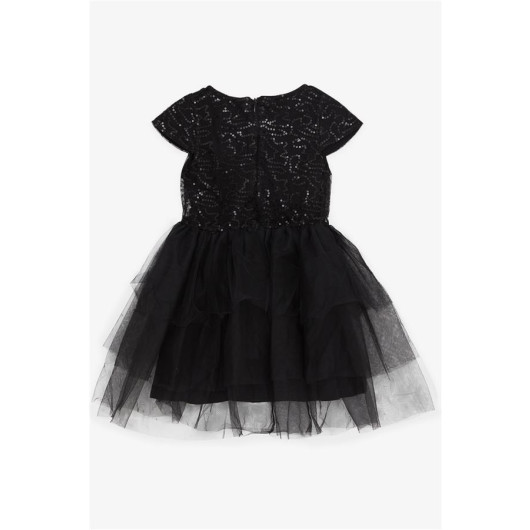 فستان بناتي مزين بفيونكة وترتر وتول لون أسود (5-9 سنوات)