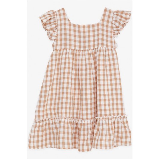 Girl's Square Neck, Back Zip, Brown, Ruffled Dress (2-6 Years)