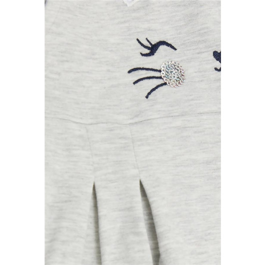 Girl's Dress Embroidered Sequin Cute Kitten Printed Light Gray Melange (1.5-5 Years)