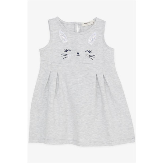 Girl's Dress Embroidered Sequin Cute Kitten Printed Light Gray Melange (1.5-5 Years)