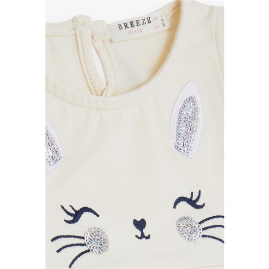 Girl Child Dress Embroidered Sequin Cute Kitten Printed Cream (1.5-5 Years)