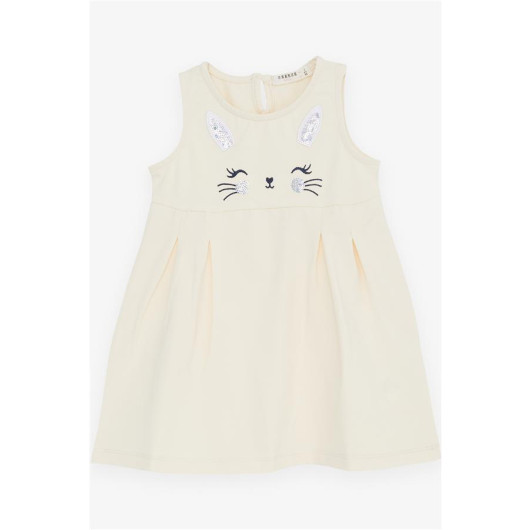 Girl Child Dress Embroidered Sequin Cute Kitten Printed Cream (1.5-5 Years)